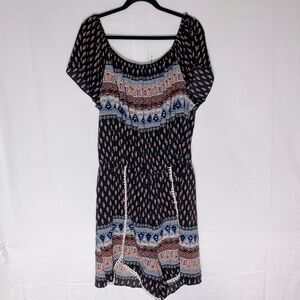 Janette Plus Black Blue Orange Multi Print Short Sleeve/Off Shoulder Romper 3XL